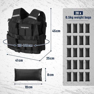 Вага для тренувань Leogreen 10/20 кг, регульована, з 20 знімними вагами, світловідбиваючими смугами, для жінок та чоловіків, біг, силове тренування, чорна