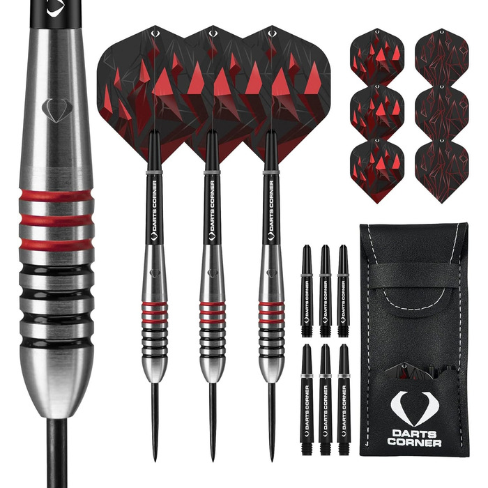 Набір дартсів Darts Corner Astrofire 90% вольфрам, сталеві наконечники, 6 флайтів, 6 шафтів, платіжна карта, кейс для зберігання, кільця