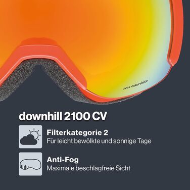 Гірськолижна маска uvex downhill 2100 CV з контрастною лінзою, широким оглядом та вузькою рамою, fierce red/orange-green