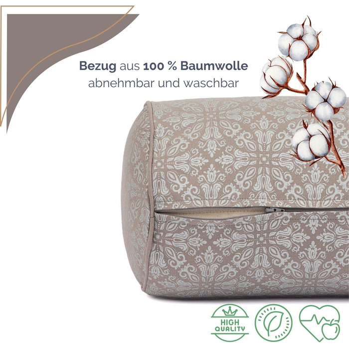 Болстер для йоги Bodhi Yoga Ø 23 см | Колекція Maharaja | Знімний та пральний чохол з 100% бавовни | Йога-рулон з органічною дінковою начинкою | Йога-подушка для відновлювальної та Інь-йоги (Taupe/Silver)