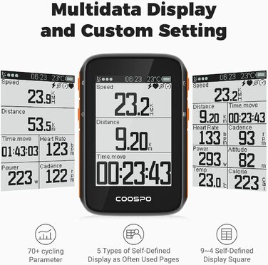 COOSPO велосипедний комп'ютер GPS, бездротовий, Bluetooth 5.0 та ANT+, водонепроникний IP67, велоспідометр з автоматичним підсвічуванням, 2,6'' LCD-дисплей