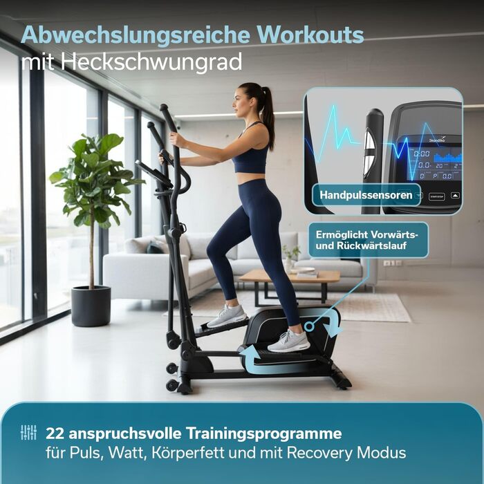 Еліптичний тренажер Skandika Crosstrainer Fint P8-R для дому: тихий, 32 рівні навантаження, 22 програми, до 120 кг, сумісність з Kinomap App, 8 кг маховик, фітнес та спорт