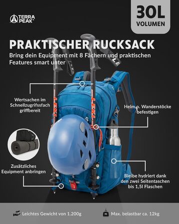 Туристичний рюкзак Terra Peak Flex 30L з вентиляцією спини, дощовиком і тримачем для питної системи – середній преміум-рюкзак для походів, 3D Air Mesh, поясний ремінь