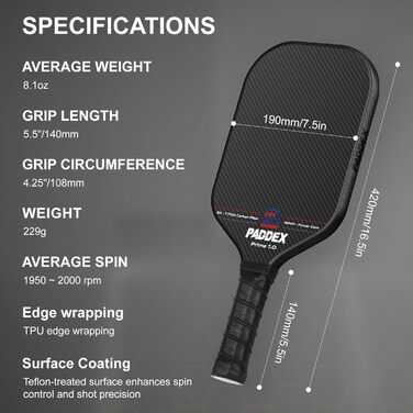 Професійний ракетковий пристрій для піклболу з вуглецевого волокна, 16 мм Power-PP серцевина, схвалений USAPA