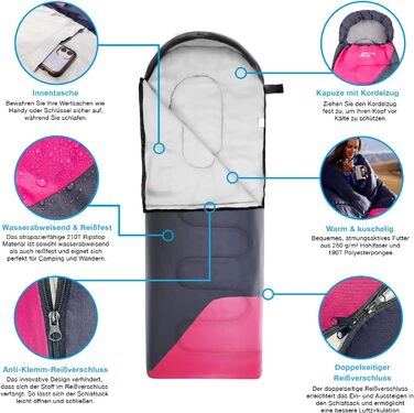 Сплячий мішок Active Era Premium Mumienschlafsack 250 GSM, зимовий та літній, 0°C - 15°C, для кемпінгу, фестивалів, подорожей, водонепроникний, ультралегкий, компактний (Рожевий)