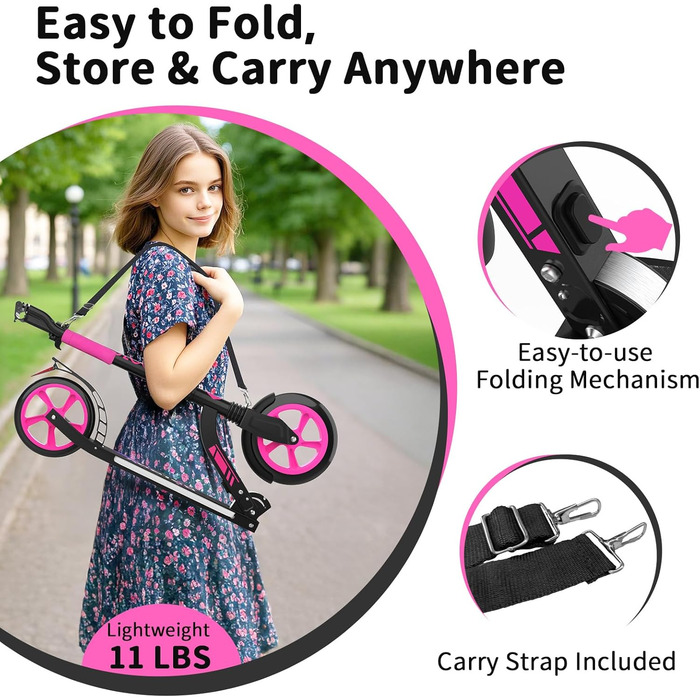 Белеїв Ролер Кіндер 6 років, 230мм велике колесо, платформа з LED-підсвіткою, ABEC-7, регульована висота, ремінь для перенесення, складний ролер для дорослих, алюмінієвий, легкий, міський ролер для дітей, підлітків та дорослих (Galaxy Purple)