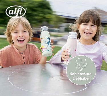 Дитяча термобутилка alfi KIDS ISO 350 мл, зелена з динозаврами, з нержавіючої сталі, ізольована, герметична, з гвинтовою кришкою, зберігає тепло 12 годин, холод 24 години, підходить для газованих напоїв, BPA-free