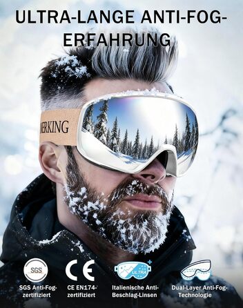 Окуляри для сноуборду та гірськолижного спорту Innerking OTG, захист від запотівання & UV400, для носіння поверх корекційних окулярів, подвійне скло, чорний/срібний (VLT 11%) (A2-White/Silver (VLT 10%))