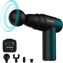 Масажний пістолет Homedics NOVO Mini, електричний, 4 насадки, 6 рівнів інтенсивності, для розслаблення м'язів, чорний