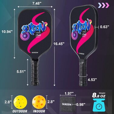 Набір пікбол-ракетки Sukeen: 2 ракетки з фібергласовою поверхнею. Підходить для чоловіків та жінок.