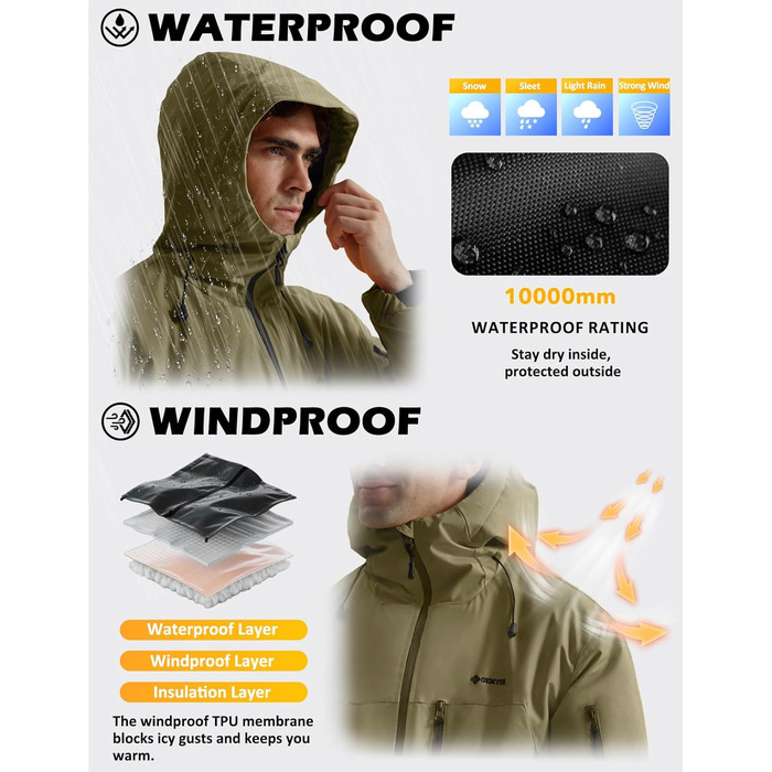 Чоловіча зимова куртка GEYSE: водонепроникна, з капюшоном та інтегрованими підтяжками. Ідеальна для сноубордингу, хайкінгу та активного відпочинку. Колір: Areegrün (пісково-сірий), розмір S