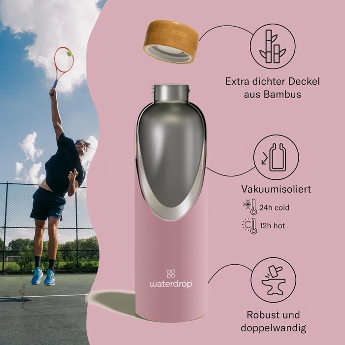 Термобутилка waterdrop® 600 мл із нержавіючої сталі, подвійні стінки, ізольована, герметична, для газованої води, 24 год холод, 12 год гаряча, синя, матова