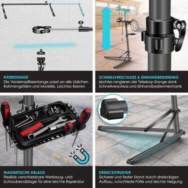 Підставка для велосипедів KESSER® Profi Alu: для ремонту та збирання гірських, електровелосипедів. 360° обертання, сумка, ремкомплект, магнітний органайзер для інструментів (антрацит)