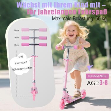 Самокат дитячий Roller Kinder 2 колеса, складаний, рожевий, з LED підсвіткою, регульована висота (3-12 років)