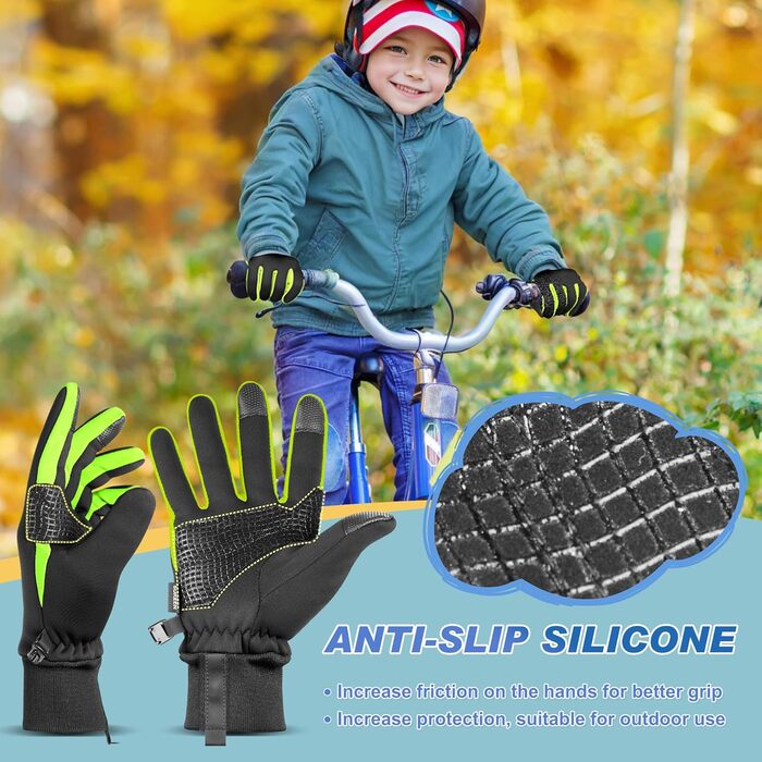 Дитячі рукавички Sukeen Softshell, теплі вело-рукавички, вітростійкі рукавички для їзди на велосипеді, антиковзні рукавички для верхової їзди, спортивні рукавички для активного відпочинку для хлопчиків та дівчаток (M, Чорний-Зелений)
