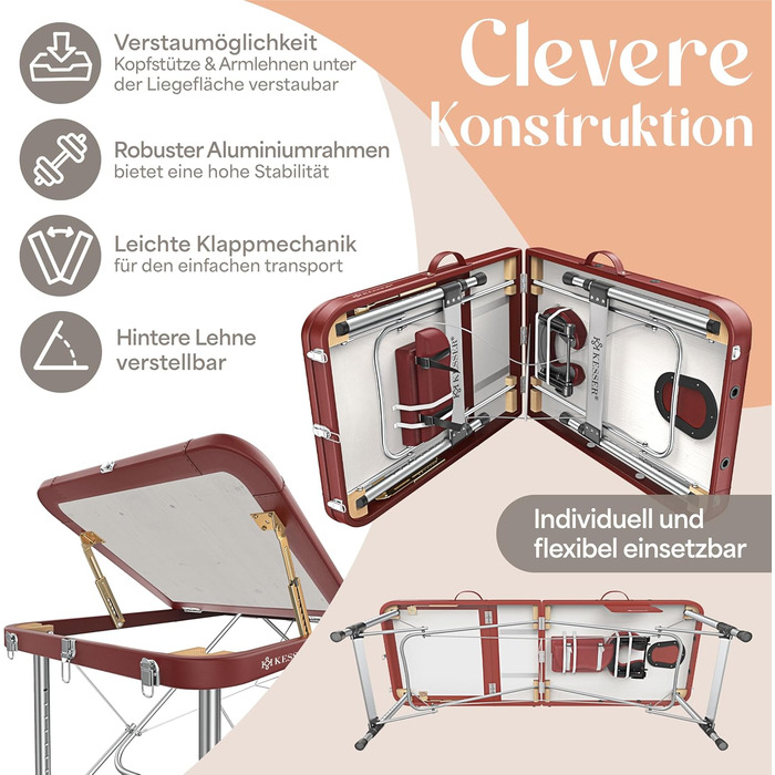 Масажне ліжко KESSER® з 3 зонами, до 250 кг, складане, регульоване, з аксесуарами (підголовник, підлокітники, сумка), для косметичних процедур та терапії, антиковзаюча поверхня, 61 см, Бордовий