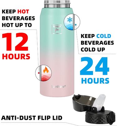 Спортивна пляшка для води Fanhaw 600мл з нержавіючої сталі з трубочкою для школи, дітей, чоловіків та жінок (зелено-рожевий)