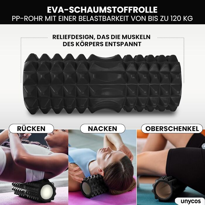 Набір для масажу м'язів Unycos: ролер фасції, фітнес-гумка, масажний м'яч, палиця для реабілітації, шнур для фітнесу та сумка для зберігання (чорний)