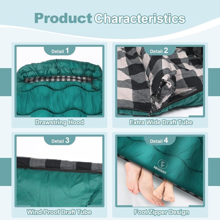 Спальний мішок Baumwolle для 2 осіб, зимовий, водовідштовхувальний, великий (Queen Size), для кемпінгу та подорожей на автодомі (темно-зелений-сірий)
