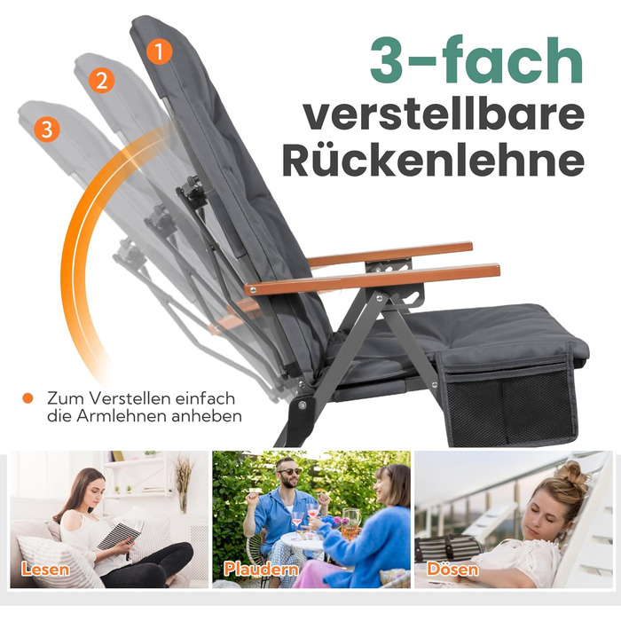 Крісло для кемпінгу Homecall, розкладне, 150 кг, висока спинка, люкс, 3 положення, м'яке, для риболовлі, саду, балкону, дому (темно-сірий)