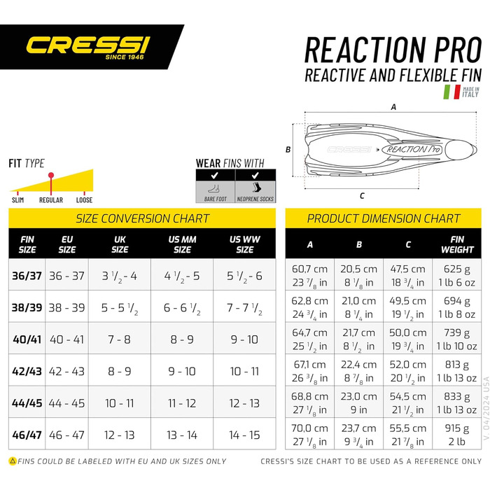 Ласти Cressi Reaction Pro для дайвінгу, фрідайвінгу та снорклінгу, розмір 46/47, чорно-сріблясті