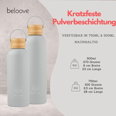 Термос-бутилка beloove з нержавіючої сталі, BPA-free, подвійні стінки, герметична, підходить для газованої води, зносостійке порошкове покриття, 500/750 мл