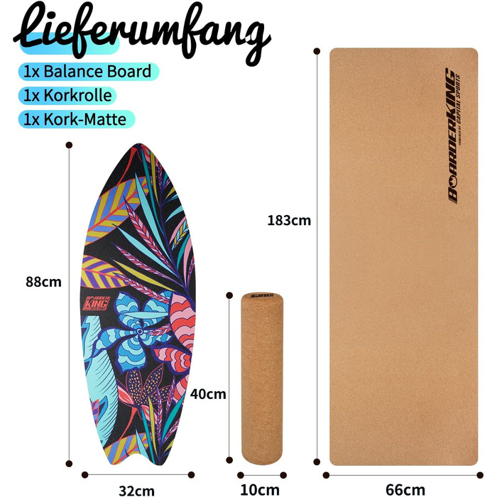 Балансборд BoarderKING Indoorboard Wave для серфінгу та скейтбордингу в приміщенні, тренажер рівноваги для нейром'язового тренування, з захисним килимком (квітка)