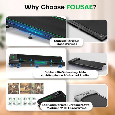 Walking Pad FOUSAE: Біговий доріжка для дому та офісу з регулюванням нахилу до 9%, LED-дисплеєм та дистанційним керуванням. Макс. вантаж: 150 кг, чорно-зелений колір.