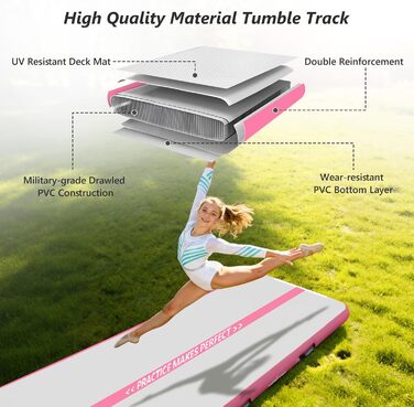 Надувна гімнастична мат для тренувань VOFiTNY (10/20 см товщина, 3/4/5/6 м довжина) для дому, парку та йоги (рожева)