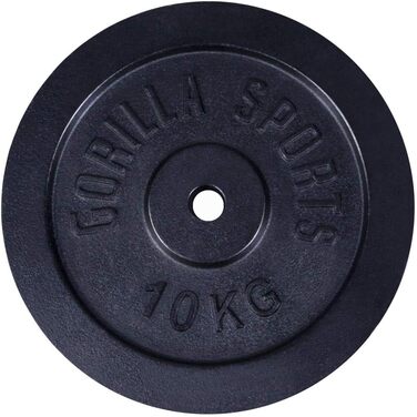 Диски для штанги GORILLA SPORTS, чавунні, сріблясто-чорні, 0,5-30 кг, 30/31 мм, бамперні пластини 10 кг чорні