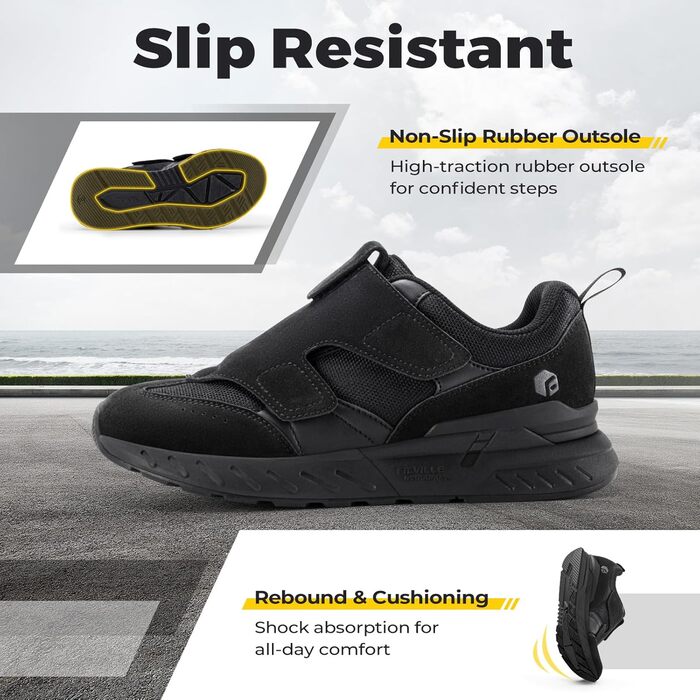 Кросівки для ходьби та бігу FitVille для чоловіків, широкі, спортивні, з клямками, зручні для широкої стопи, ортопедичні, неслизькі, для фітнесу та джогінгу (43 EU, чорний)