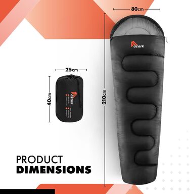 Сплячий мішок Azark Premium, 350 г/м², легкий та водонепроникний, для 4 сезонів, кемпінг, туризм, відпочинок на природі, дорослий та дитячий, чорний