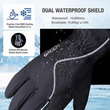 Рукавички зимові для чоловіків та жінок Origem, 3M Thinsulate, водонепроникні, для катання на лижах, велосипеді, походів, з підкладкою з флісу, сумісні з сенсорними екранами (чорний блискавка, XL)