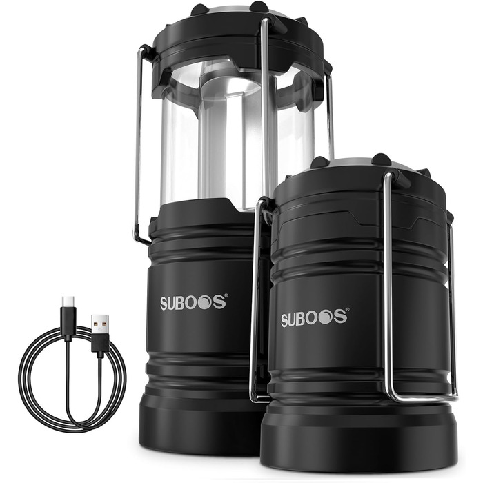 Набір з 2 LED кемпінгових ліхтарів SUBOOS: акумулятор, сонячна панель, живлення від батарейок AA, для кемпінгу, виживання, відключень електроенергії