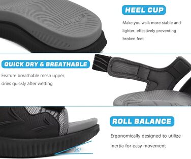Чоловічі трекінгові сандалі KuaiLu: зручні, ортопедичні, для підтримки стопи при фасціїтісу, літні, легкі, відкриті, з регулюванням на липучці (44 EU, чорно-сірий)
