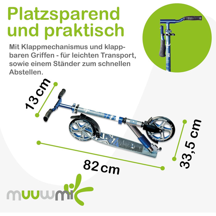 Самокат трюковий muuwmi Aluminium Scooter Deluxe 205мм ABEC 7 сіро-блакитний - для дітей та дорослих, регульована висота, сертифікат GS