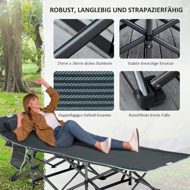 Розкладне туристичне ліжко Outsunny з подушкою та кишенею, сіре, 188 x 64,5 x 53 см, до 150 кг