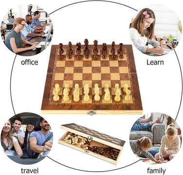 Дерев'яний шаховий набір 3 в 1, складаний, міжнародні шахи, для подорожей, вечірок, сім'ї, дітей та дорослих, 39x39 см
