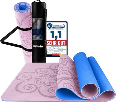 Килимок для гімнастики та йоги LA MENTE ES MARAVILLOSA з неслизькою поверхнею, сумкою та електронною книгою з вправ. Посилений, з TPE, 183x61 см (рожевий+синій)