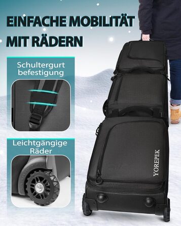 Чохол для сноуборду YOREPEK на колесах, водонепроникний, з кишенями для черевиків, розширюваний, 170 см, для 2 пар лиж/сноуборду, чорний