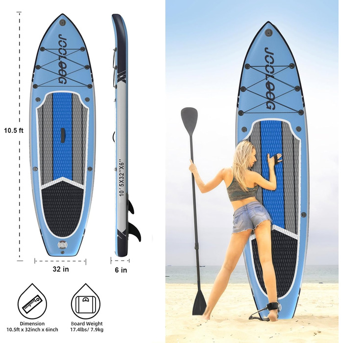Надувний SUP Board JOOLOOG Stand Up Paddle Board 300кг, 6 дюймів товщини, з аксесуарами для веслування, для дорослих та підлітків, довжина 10'2/10'5, 320 x 81 x 15 см (зелено-сірий, з синім сидінням та кріпленням для камери)