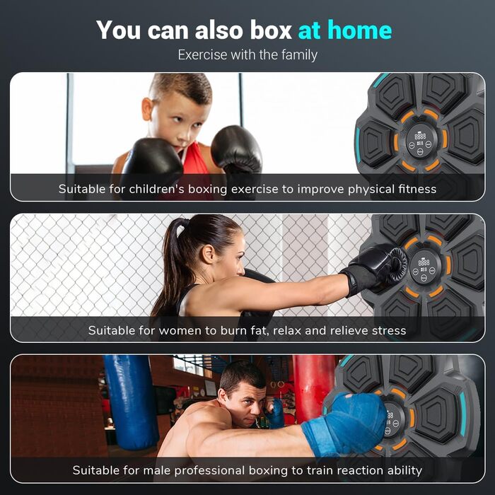 Музична бокс-машина Viriech з LED-підсвічуванням та боксерськими рукавичками, Bluetooth, настінний монтаж, 9 режимів швидкості та режим підрахунку, подарунок для дітей та дорослих