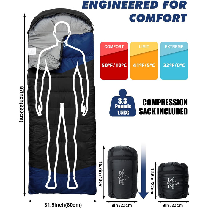 Спальні мішки для дорослих та дітей – для холодної та теплої погоди. Водонепроникний, легкий спальний мішок для кемпінгу, піших прогулянок та трекінгу (з компресійним мішком). Підходить для 3-4 сезонів, 10-20°C, 1.5KG – Чорний