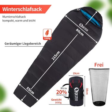 Спальний мішок зимовий теплий легкий 0°C -23°C для дорослих та дітей, 4 сезони, кемпінг, відпочинок на природі, чорний