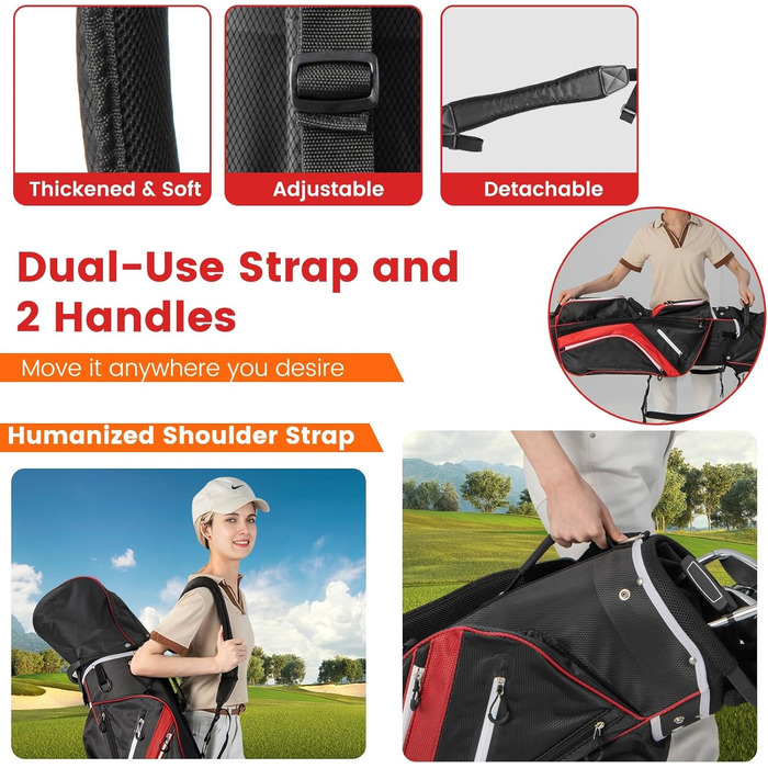 Сумка для гольфу LIFEZEAL Stand Bag з 14 відділеннями, з підтримкою, з ременем, тримачем для напоїв, 9 кишень, ізольованою кишенею, тримачем для парасольки, для чоловіків та жінок (червона)