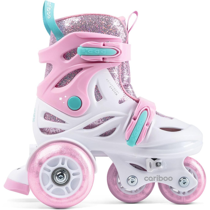 Роликові ковзани Cariboo для дітей, інлайнери для початківців, регульовані, 2 розміри, з навчальними колесами, рожеві, балетки (XS (26-30), рожево-м'ятні)