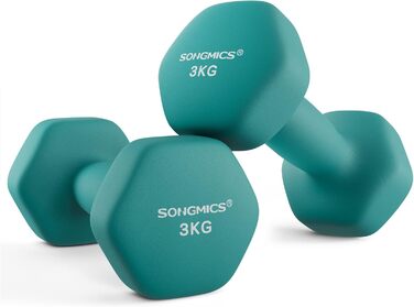 Гантелі SONGMICS 2 x 3 кг, шестигранні, неопрентове покриття, набір для фітнесу та силових тренувань вдома, аквамаринові