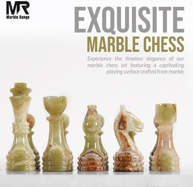 Шаховий набір з мармуру для дорослих, ручної роботи Verona & Green Onyx: ігровий набір з 32 фігурами, 2 додаткові королеви, коробка для зберігання