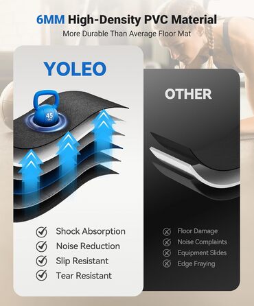 Килимок захисний під бігову доріжку та тренажери Yoleo, 160x75 см, шумопоглинаючий та протиковзкий килим для підлоги під велотренажер, еліпс та лавку для гантелей, чорний