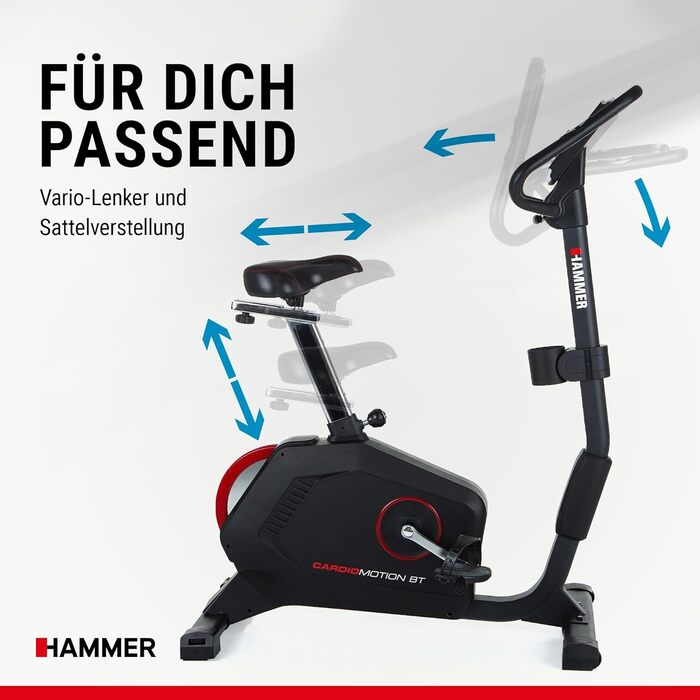 Велотренажер HAMMER Cardio Motion BT для дому, з Bluetooth, тихий, зручний сідло, легкий вхід, підходить для літніх, тримач для планшета, 110x52x140 см